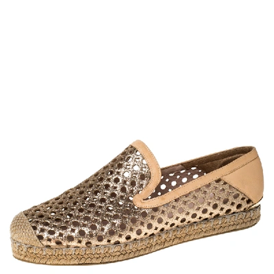 Pre-owned Stuart Weitzman Peach Perforated Glitter Leather Country Espadrille Flats Size 37 In Orange