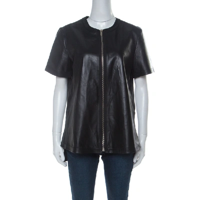 Pre-owned Givenchy Black Lambskin Zip Front Short Sleeve Top L