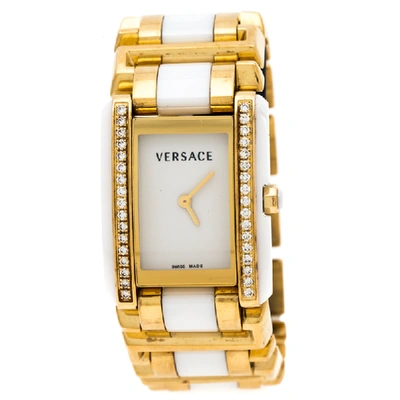 Pre-owned Versace White Ceramic Gold Stainless Steel Diamonds Era 70q Women's Wristwatch 24 Mm