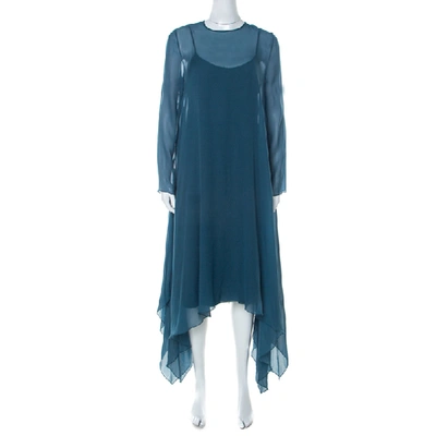 Pre-owned Max Mara Pianoforte Teal Blue Silk Handkerchief Hem Dress M