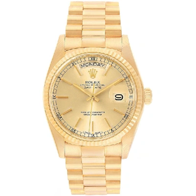 Pre-owned Rolex Champagne 18k Yellow Gold President Day-date 18038 Men's Wristwatch 36mm