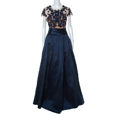 Pre-owned Marchesa Notte Navy Blue Taffeta Embroidered Bodice Detail Mikado Gown Xl