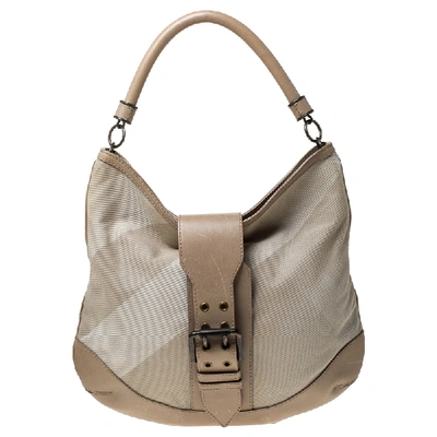 Pre-owned Burberry Beige Mega Check Canvas And Leather Hobo