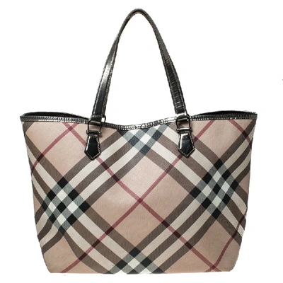 Pre-owned Burberry Beige/metallic Nova Check Pvc And Patent Leather Shopper Tote