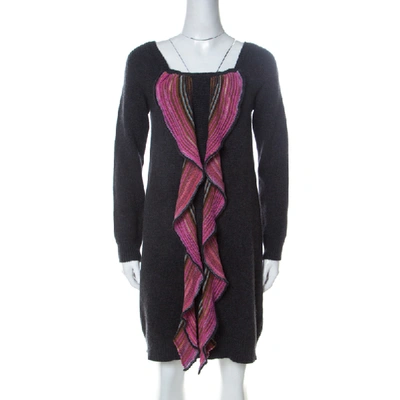 Pre-owned Missoni Grey And Pink Wool Ruffle Front Detail Tunic Sweater L