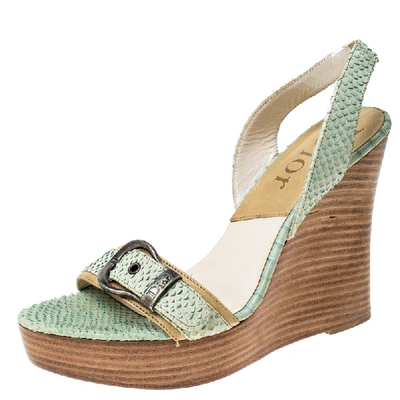 Pre-owned Dior Christian  Green Python Slingback Wedge Platform Sandals Size 38