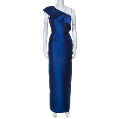 Pre-owned Monique Lhuillier Royal Blue Satin Ruffled One Shoulder Gown M