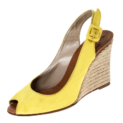 Pre-owned Christian Louboutin Yellow Canvas Wedge Peep Toe Slingback Sandals Size 36