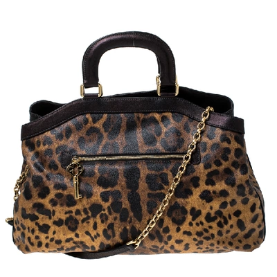 Pre-owned Dolce & Gabbana Leopard Print Coated Canvas And Leather Satchel In Brown