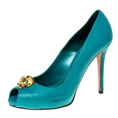 Pre-owned Alexander Mcqueen Teal Leather Skull Peep Toe Pumps Size 38 In Blue