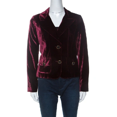 Pre-owned Dolce & Gabbana D & G Vintage Maroon Velvet Cropped Classic Tailored Blazer L In Burgundy