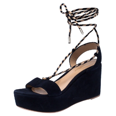 Pre-owned Gianvito Rossi Blue Suede Wedge Platform Ankle Strap Sandals Size 37