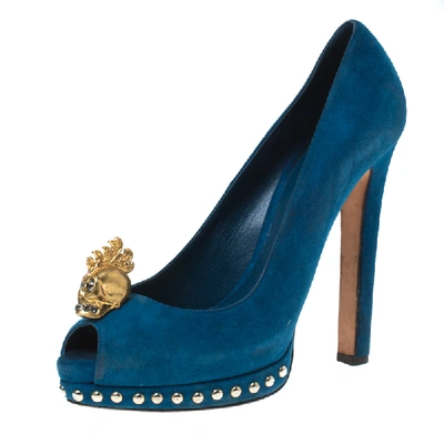 Pre-owned Alexander Mcqueen Blue Suede Crystal Embellished Skull Peep Toe Platform Pumps Size 39.5