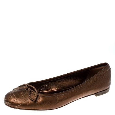 Pre-owned Gucci Golden Brown Gg Leather Bow Ballet Flats Size 38