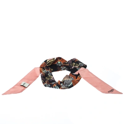 Pre-owned Fendi Mulitcolor Printed Silk Twilly Twill Orchidea Bandeau Bubble Gum Scarf In Multicolor