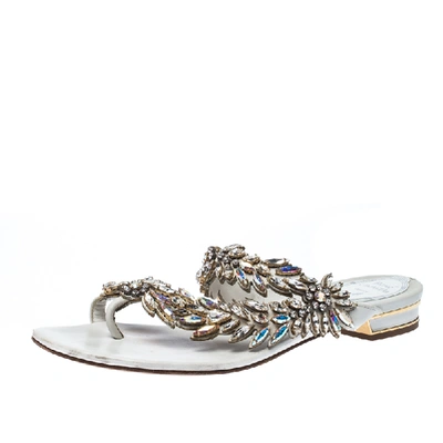 Pre-owned René Caovilla Rene Caovilla White Leather Crystal Embellished Slides Sandals Size 36