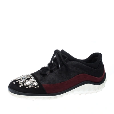 Pre-owned Miu Miu Black/maroon Fabric And Suede Jeweled Toe Sneakers Size 38