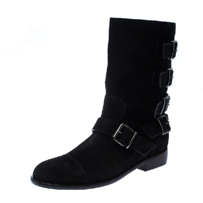 Pre-owned Giuseppe Zanotti Black Suede Leather Buckle Ankle Boots Size 38