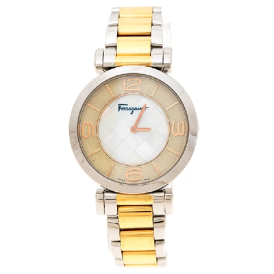 Pre-owned Ferragamo Mother Pearl Two-tone Stainless Steel Gancino Fg3060014 Women's Wristwatch 39 Mm In Silver