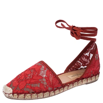 Pre-owned Valentino Garavani Red Floral Lace Espadrille Ankle Wrap Flats Sandals Size 36