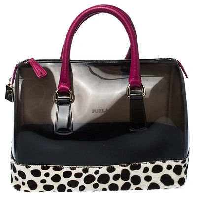 Pre-owned Furla Black/fuchsia Rubber And Leather Leopard Detailed Candy Satchel