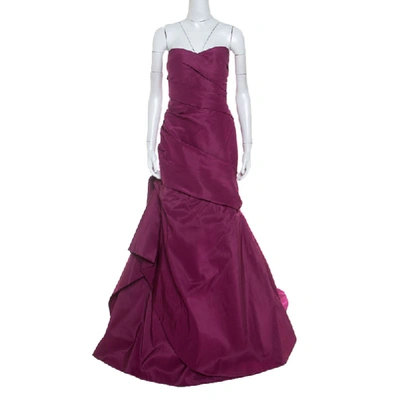 Pre-owned Monique Lhuillier Garnet Purple Silk Tufted Skirt Strapless Gown Xl