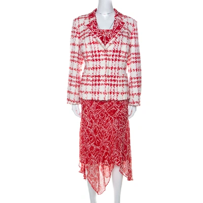 Pre-owned Escada Red And White Printed Silk And Boucle Three Piece Skirt Suit Xl