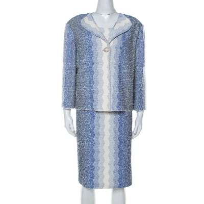 Pre-owned St John Blue And White Chevron Pattern Tweed Dress And Jacket Set Xl