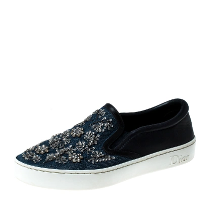 Pre-owned Dior Blue Canvas And Leather Embroidered Slip On Sneakers Size 38
