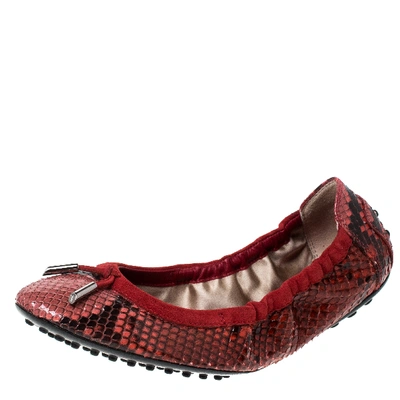 Pre-owned Tod's Red Python Leather Scrunch Ballet Flats Size 38