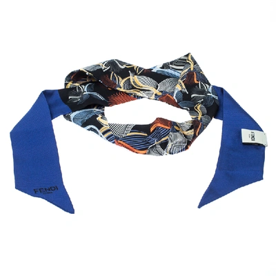 Pre-owned Fendi Blue Printed Silk Twilly Twill Orchidea Blue Neon Bandeau Scarf