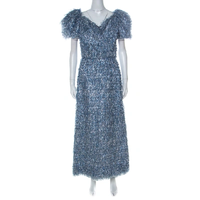 Pre-owned Dolce & Gabbana Blue And Silver Tinsel Puff Sleeve Dress M