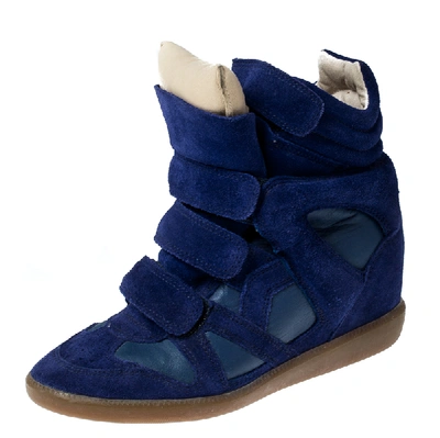 Pre-owned Isabel Marant Blue Suede And Leather Trim Bekett Wedge Sneakers Size 37