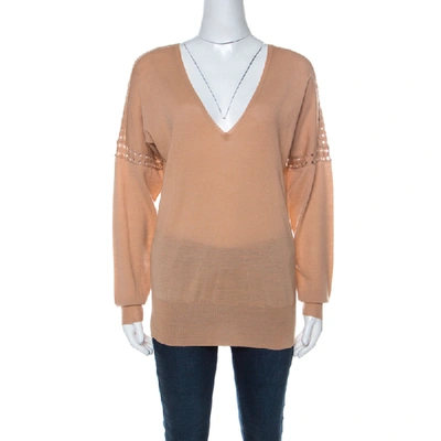 Pre-owned Chloé Tan Merino Wool V-neck Perforated Sleeve Detail Sweater M In Beige