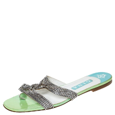 Pre-owned Gina Metallic Silver Leather Crystal Embellished Flat Slides Size 41 In Green