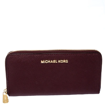 Pre-owned Michael Kors Burgundy Saffiano Leather Zip Around Wallet