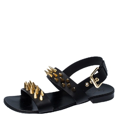 Pre-owned Giuseppe Zanotti Black Leather Zak Spike Flat Sandals Size 40