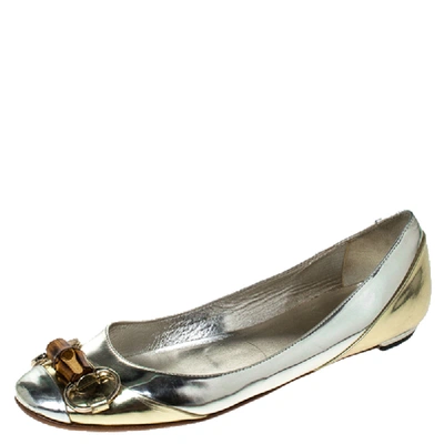 Pre-owned Gucci Silver/gold Leather Bamboo Horsebit Ballet Flats Size 37.5