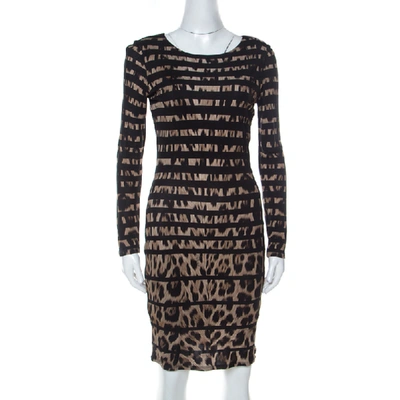 Pre-owned Roberto Cavalli Black Leopard And Stripe Print Stretch Long Sleeve Dress S