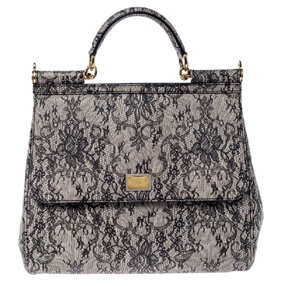 Pre-owned Dolce & Gabbana Grey Lace Print Leather Medium Miss Sicily Top Handle Bag