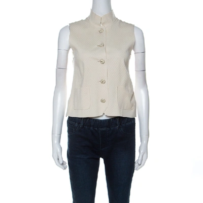Pre-owned Chanel Ivory Geometric Knit Silk Blend Mandarin Collar Vest Jacket S In Beige