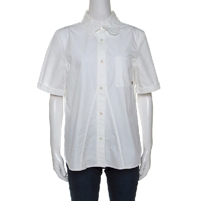 Pre-owned Louis Vuitton White Cotton Embroidered Collar Short Sleeve Shirt L