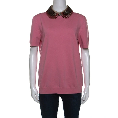 Pre-owned Louis Vuitton Pink Knit Sequin Embellished Detachable Collar Top L
