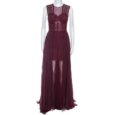 Pre-owned Zuhair Murad Burgundy Silk Blend Lace Bodice Evening Gown M