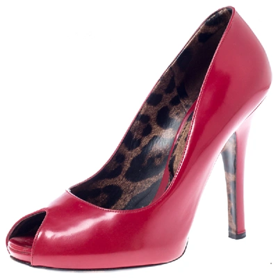 Pre-owned Dolce & Gabbana Red Leather Peep Toe Pumps Size 38