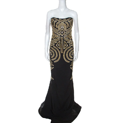 Pre-owned Marchesa Black Embellished Silk Slub Strapless Gown L