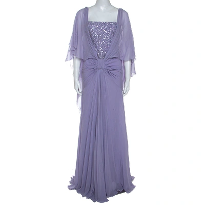 Pre-owned Elie Saab Lilac Silk Cape Sleeve Gathered Detail Evening Gown S In Purple