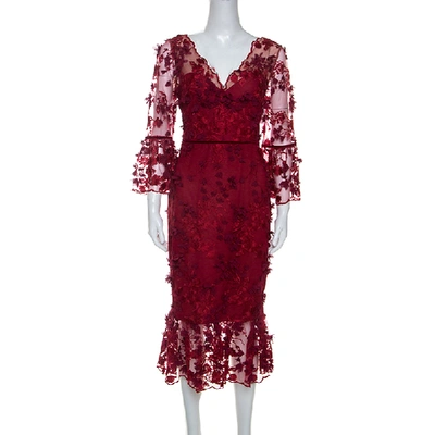 Pre-owned Notte By Marchesa Burgundy 3d Floral Lace Midi Dress M