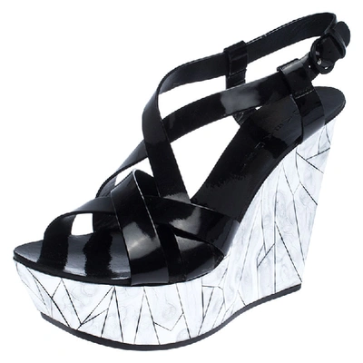 Pre-owned Casadei Black Patent Leather Wedge Platform Strappy Sandals Size 40
