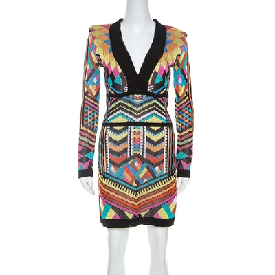 Pre-owned Balmain Multicolor Patterned Knit V-neck Short Dress M